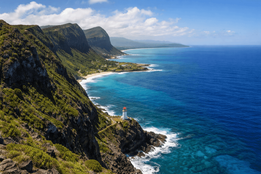 Vue panoramique sur les falaises volcaniques et l’océan Pacifique depuis le Makapuʻu Lighthouse Trail sur la côte Est d’Oahu
