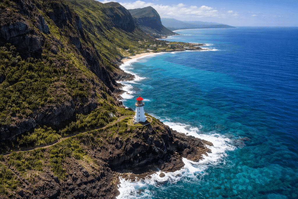Vue aérienne du phare de Makapuʻu perché sur les falaises volcaniques de la côte sud-est d’Oahu