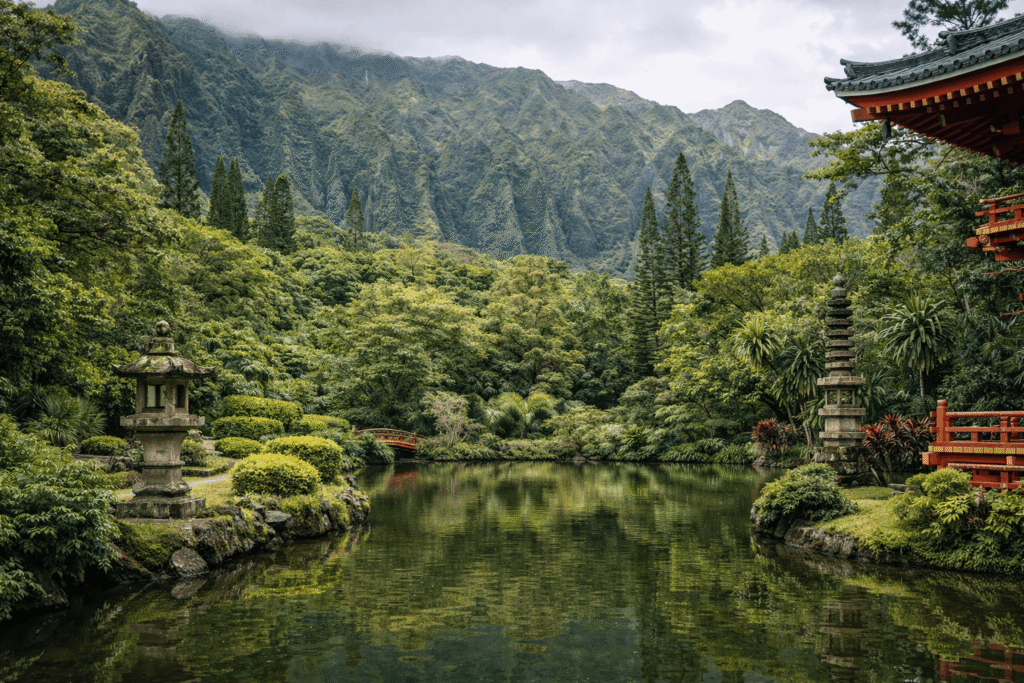 Jardin du Byodo-In Temple dans la vallée de Kāneʻohe à Oahu