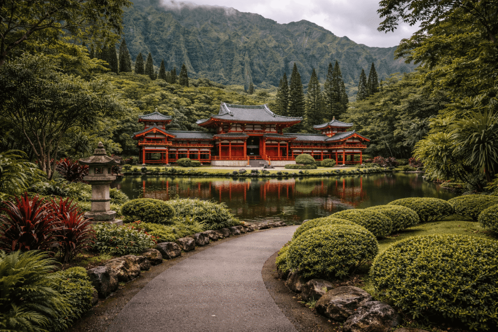 Byodo-In Temple à Oahu sous un ciel tropical avec montagnes en arrière-plan