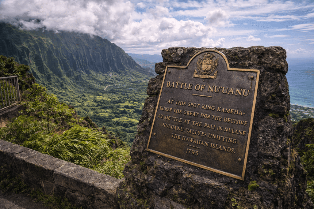 Plaque historique du Nuʻuanu Pali Lookout évoquant la bataille de Nuʻuanu à Oahu