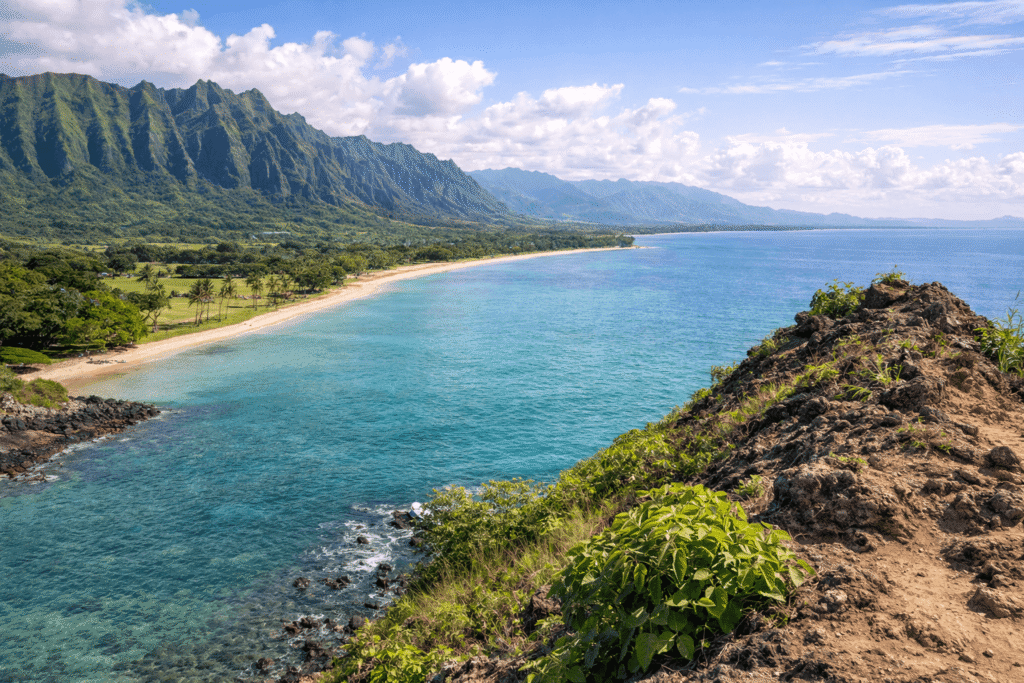 Vue depuis Mokoliʻi Island vers Kualoa Regional Park à Oahu