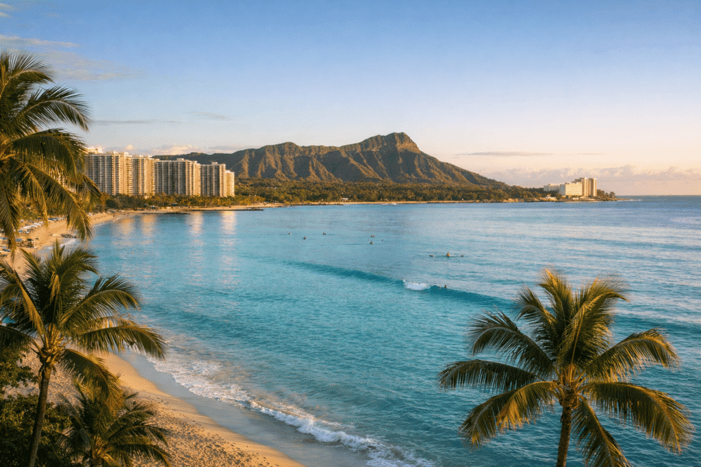 Vue panoramique de Waikīkī Beach avec Diamond Head au loin, Oʻahu.
