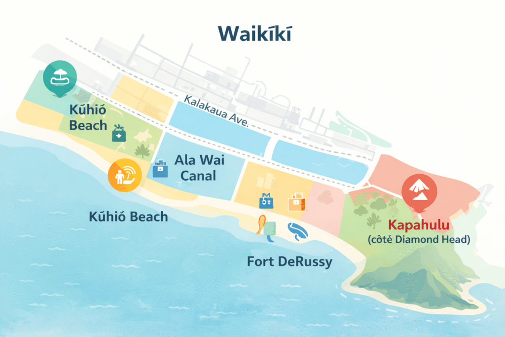Carte illustrée minimaliste de Waikīkī (Honolulu), style infographie moderne, couleurs douces, repères et zones colorées : Kūhiō Beach, Fort DeRussy, Ala Wai Canal, Kapahulu (côté Diamond Head), icônes simples (plage, shopping, surf, parc), légende claire en français, fond blanc, design vectoriel, sans marque, haute lisibilité.