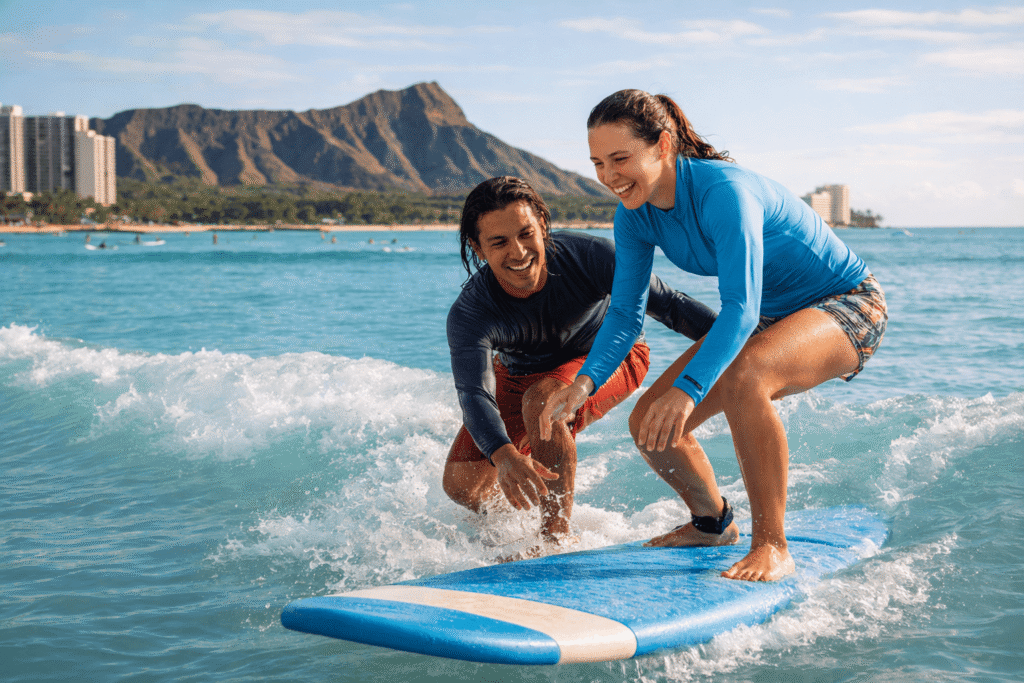 Cours de surf débutant à Waikīkī avec petites vagues et moniteur.