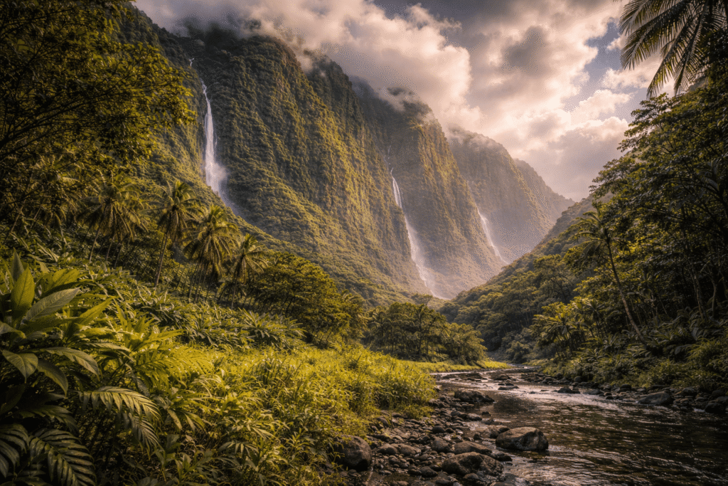 Vue depuis le fond de la vallée de Waipiʻo vers d’immenses falaises vert émeraude, avec jungle tropicale au premier plan, rivière rocheuse et nuages dramatiques au-dessus.