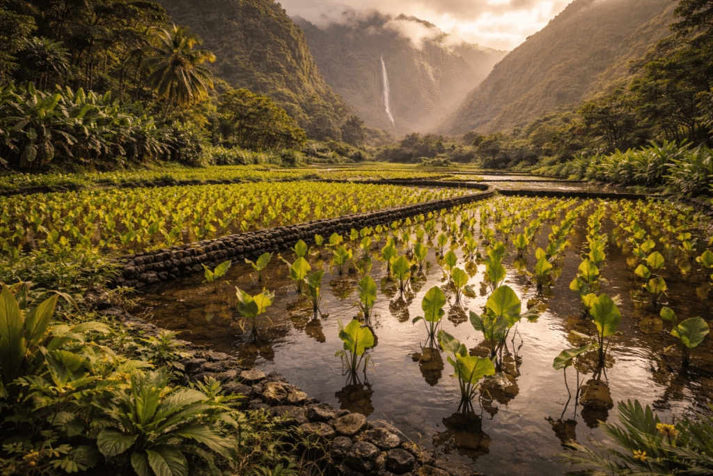 Champs de taro hawaïens en terrasses inondées dans la vallée de Waipiʻo, avec reflets dorés sur l’eau, plantes vertes luxuriantes et falaises brumeuses en arrière-plan.