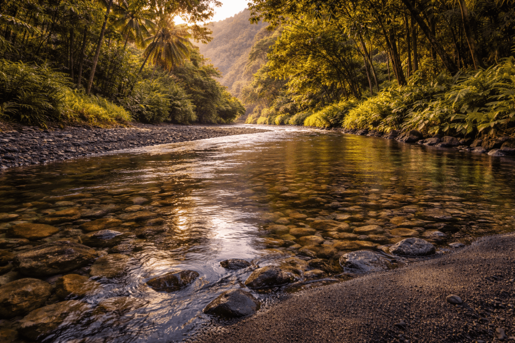 Large rivière peu profonde dans la vallée de Waipiʻo avec eau limpide, fond sombre volcanique, végétation tropicale dense sur les rives et lumière chaude filtrant à travers les arbres.