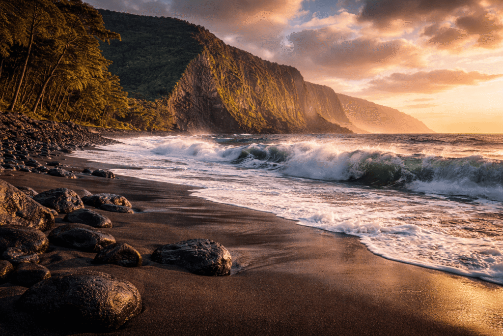 Plage de sable noir volcanique dans la vallée de Waipiʻo à Hawaï, avec vagues puissantes, falaises marines escarpées et ciel dramatique éclairé par une lumière dorée.