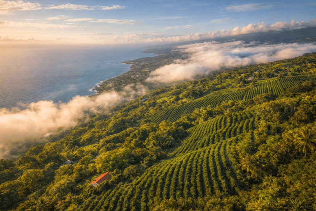 Vue aérienne des plantations de café Kona sur les flancs verdoyants du volcan Hualalai à Big Island, avec l'océan Pacifique en arrière-plan sous un ciel lumineux