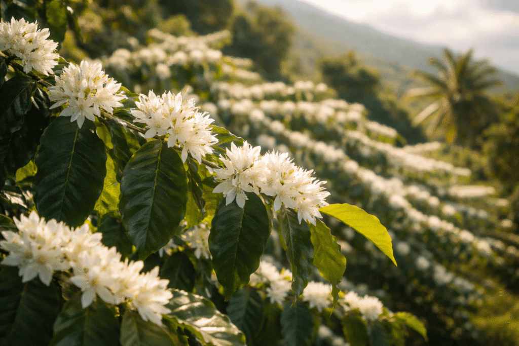 Gros plan sur les petites fleurs blanches des caféiers en fleur dans une plantation de Kona, phénomène surnommé Kona Snow par les habitants de Big Island