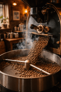 Grains de café Kona fraîchement torréfiés tombant dans le bac de refroidissement d'une machine à torréfier dans un atelier artisanal de Big Island