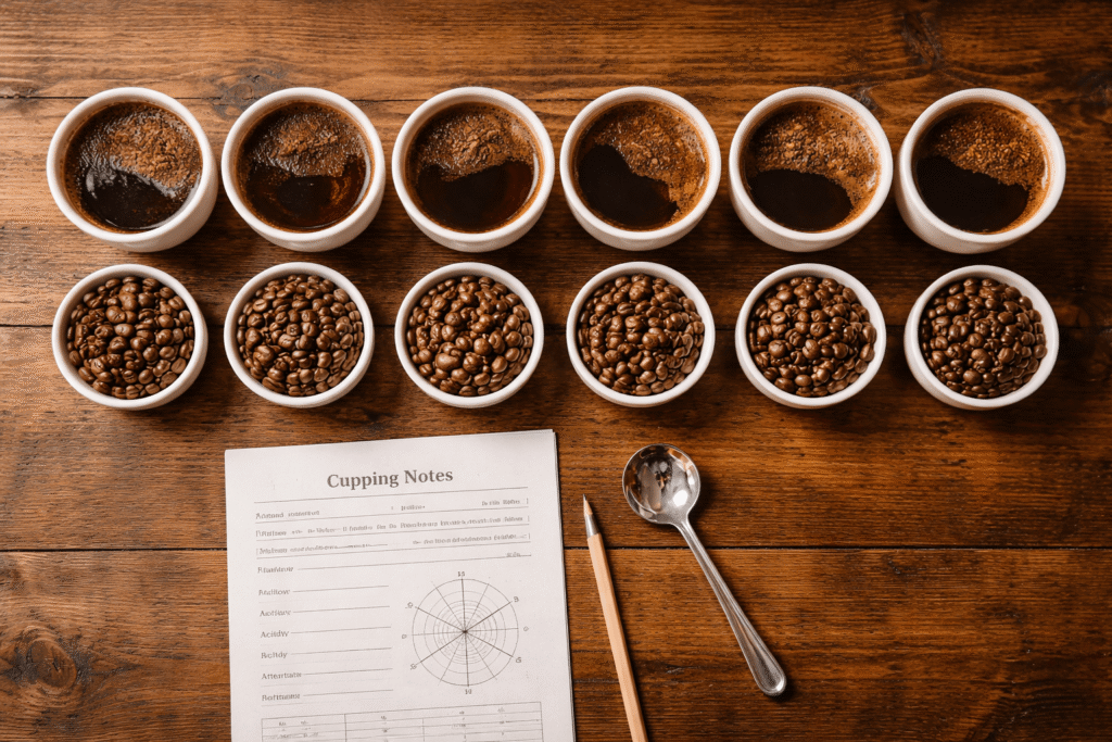 Vue du dessus d'une séance de cupping avec plusieurs tasses de café Kona de différents grades alignées sur une table en bois, accompagnées de grains torréfiés et de notes de dégustation