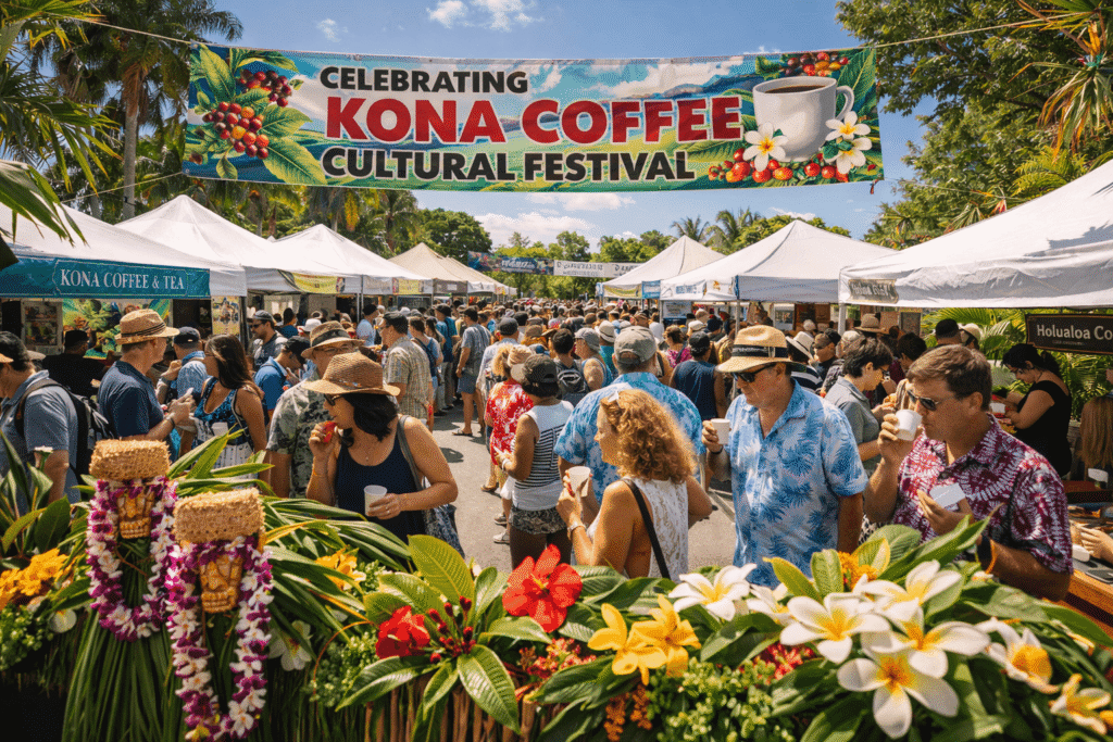 Scène animée du Kona Coffee Cultural Festival à Big Island avec des stands de dégustation de café, des décorations hawaiiennes et des visiteurs profitant de l'événement