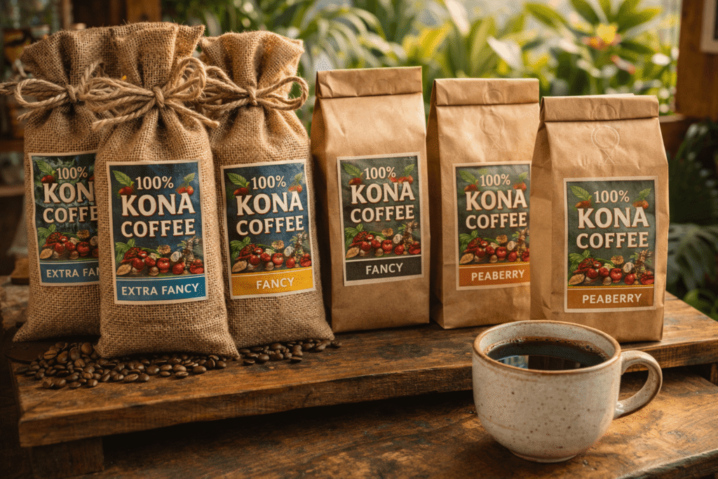 Sachets de café 100 % Kona de grades Extra Fancy, Fancy et Peaberry présentés sur une étagère en bois dans la boutique d'une ferme de café de Big Island, avec une tasse de café noir
