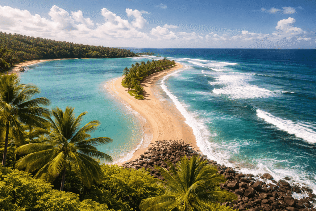 Plage de Poipu Beach sur la côte sud de Kauai avec le tombolo de sable, eaux turquoise et palmiers sous un ciel bleu