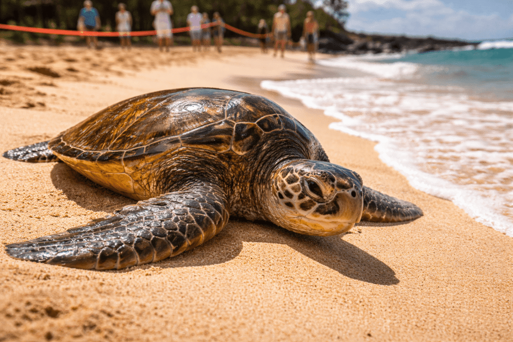 Tortue verte hawaïenne (honu) allongée sur le sable doré de Poipu Beach avec l'océan en arrière-plan