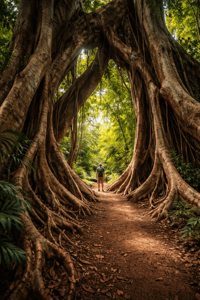 Allée de figuiers géants Moreton Bay du jardin botanique Allerton Garden utilisés comme décor dans Jurassic Park à Kauai