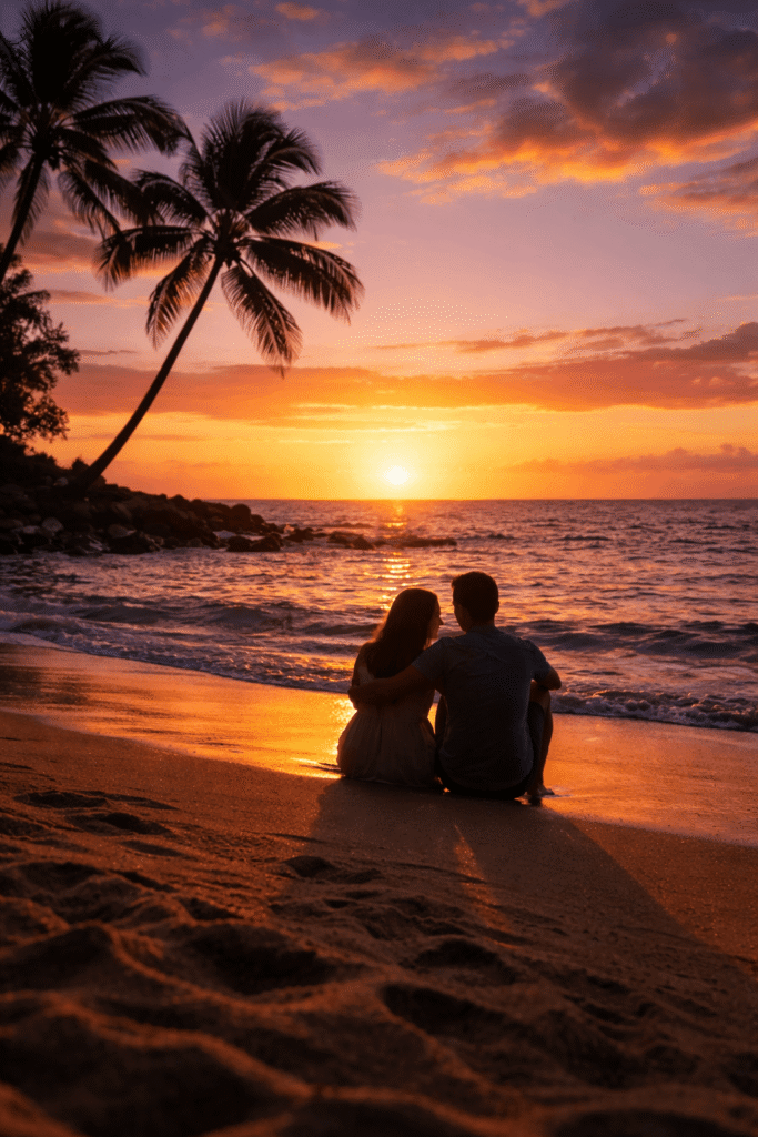 Coucher de soleil aux couleurs orange et roses sur l'océan Pacifique vu depuis Poipu Beach à Kauai