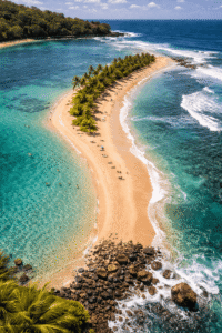 Vue aérienne par drone du tombolo de sable reliant Poipu Beach à un îlot rocheux avec les deux baies de chaque côté à Kauai