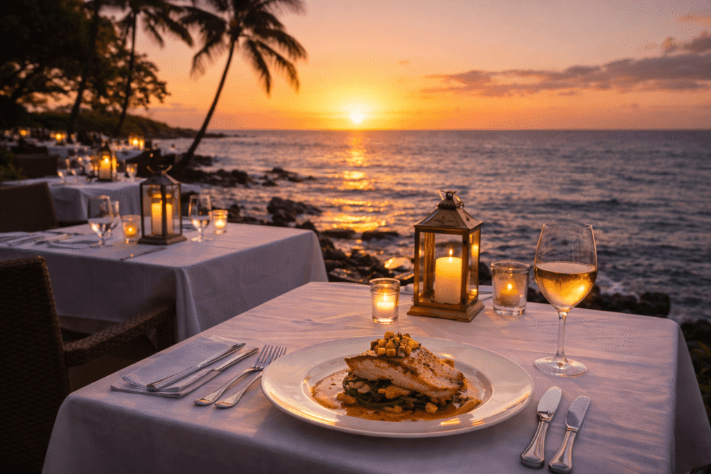 Tables dressées en terrasse du Beach House Restaurant au bord de l'océan à Poipu Kauai avec vue sur le coucher de soleil
