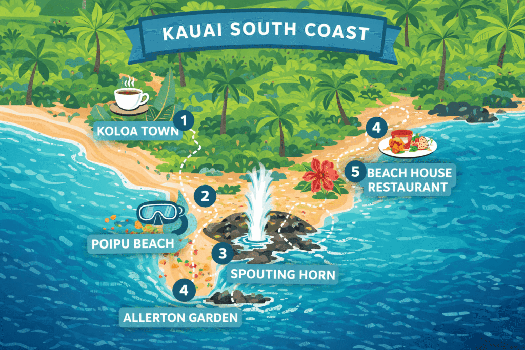 Carte illustrée de la côte sud de Kauai montrant les étapes de l'itinéraire à Poipu Beach incluant Spouting Horn et Allerton Garden
