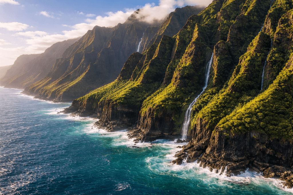 Vue aérienne spectaculaire des falaises vertes de la Na Pali Coast plongeant dans l'océan Pacifique turquoise à Kauai Hawaii