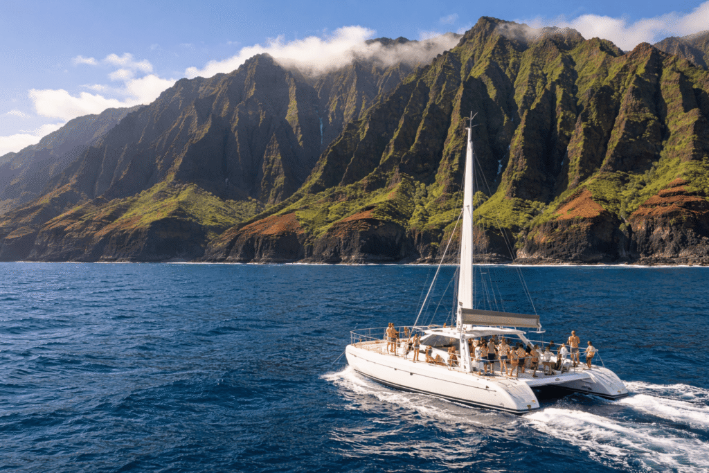 Catamaran de tourisme naviguant le long de la Na Pali Coast avec des passagers admirant les falaises verdoyantes de Kauai