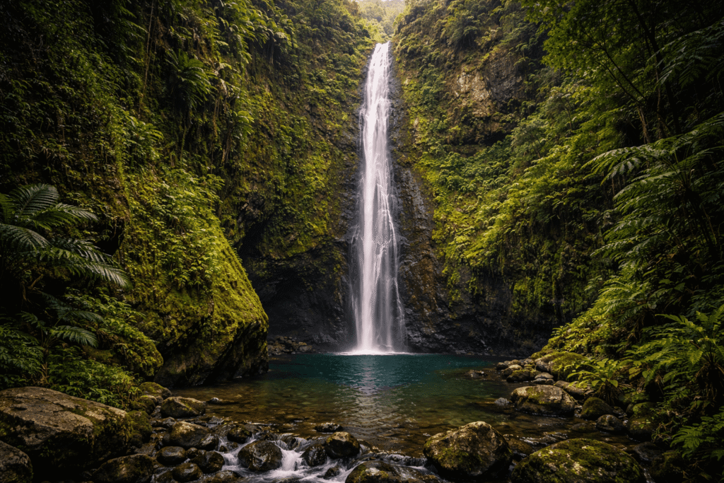 Haute cascade tombant dans une vallée encaissée de la Na Pali Coast entourée de végétation tropicale luxuriante et de parois rocheuses