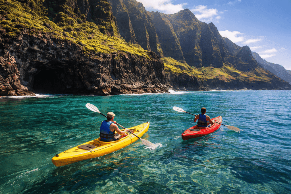 Deux kayakistes pagayant en mer turquoise le long des falaises imposantes de la Na Pali Coast à Kauai Hawaii