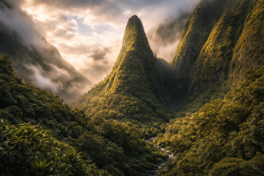 Aiguille de Iao Valley (Iao Needle) entourée de brume matinale avec falaises verdoyantes en arrière-plan à Maui