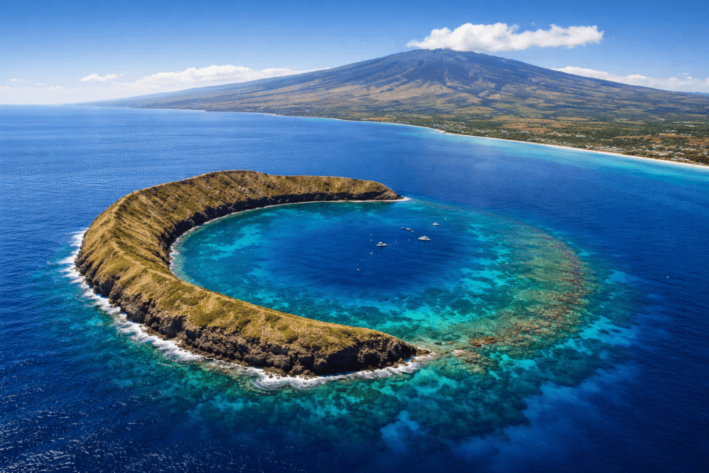 Vue aérienne du cratère volcanique de Molokini en forme de croissant émergeant de l'océan turquoise au large de la côte sud de Maui