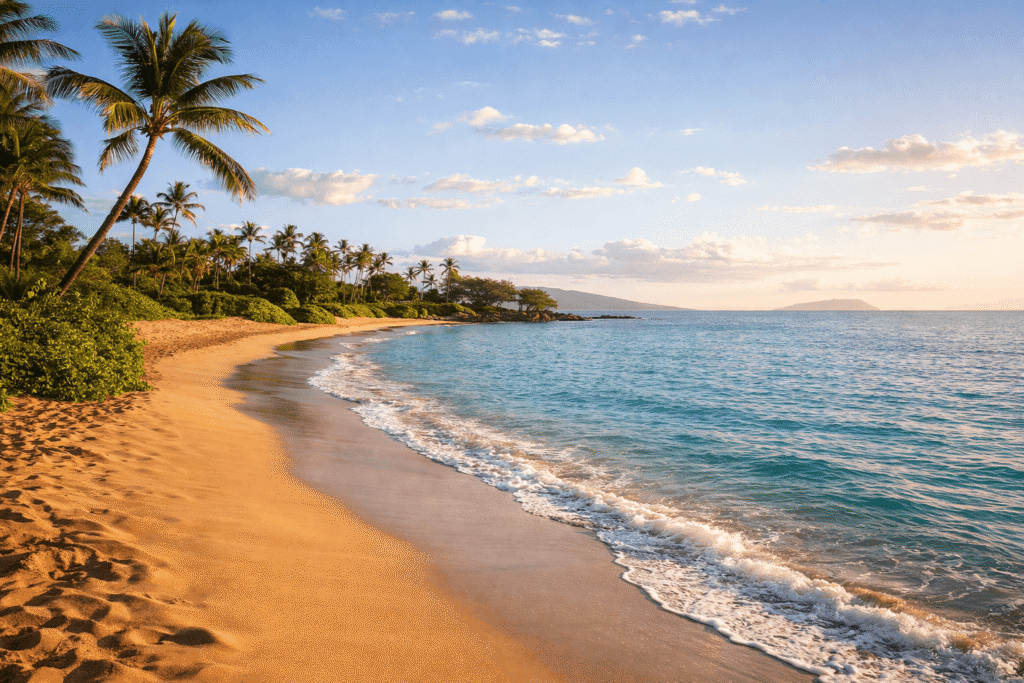 Vue panoramique de Wailea Beach à Maui avec son sable doré, ses eaux turquoise calmes et des palmiers sous un ciel ensoleillé