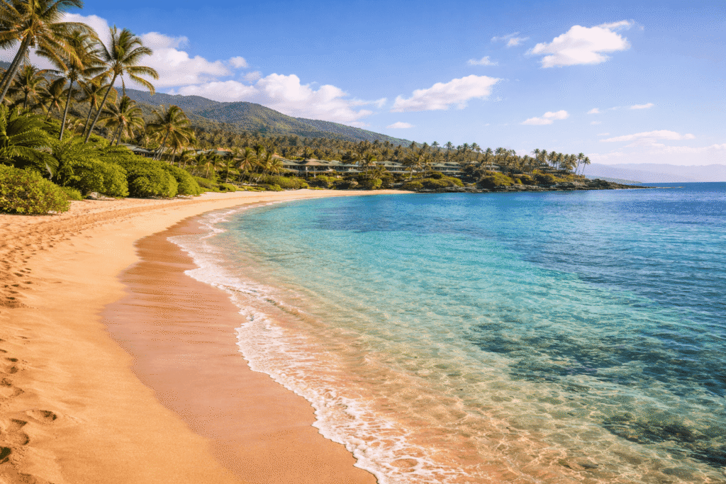 Vue panoramique de la baie de Napili Bay à Maui avec son sable doré, son eau turquoise calme et les collines verdoyantes en arrière-plan