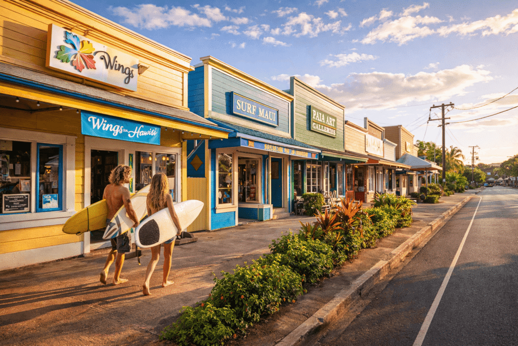 Boutiques colorées le long de Hana Highway dans le village de Paia à Maui avec des surfeurs marchant sur le trottoir