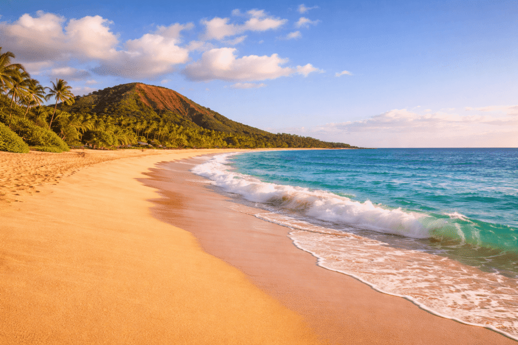 Grande étendue de sable doré de Big Beach Makena à Maui avec le cône volcanique Pu'u Ōla'i et l'océan turquoise