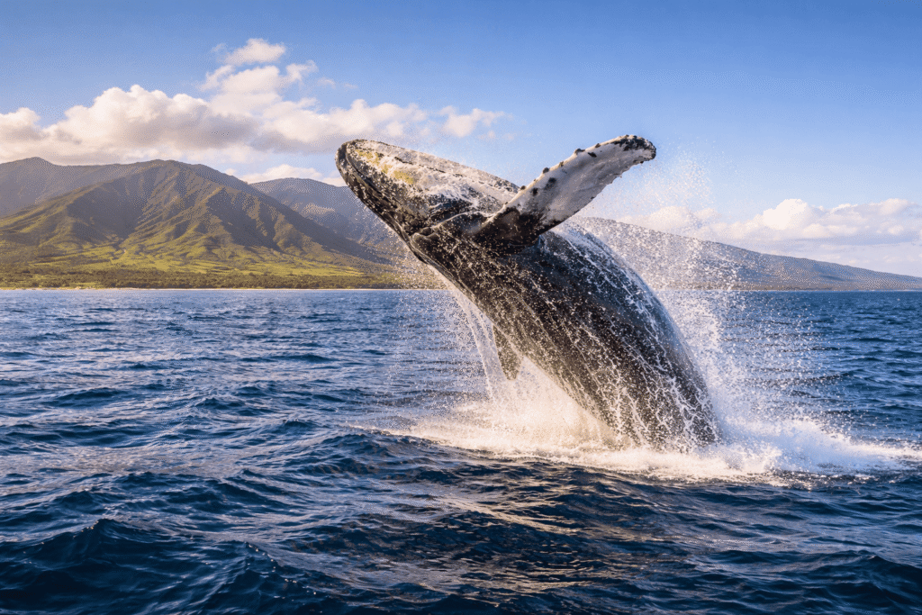 Baleine à bosse effectuant un saut spectaculaire hors de l'eau avec l'île de Maui visible en arrière-plan sous un ciel bleu