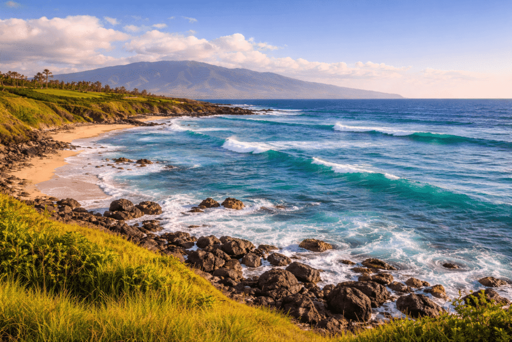 Vue panoramique de Hookipa Beach depuis le lookout en hauteur avec les vagues du Pacifique et la côte nord de Maui