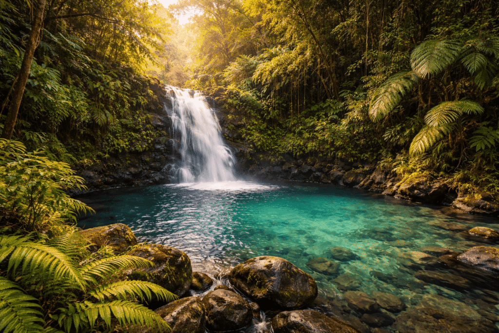 Cascade de Twin Falls se jetant dans un bassin naturel turquoise entouré de végétation tropicale dense, Maui, Hawaii