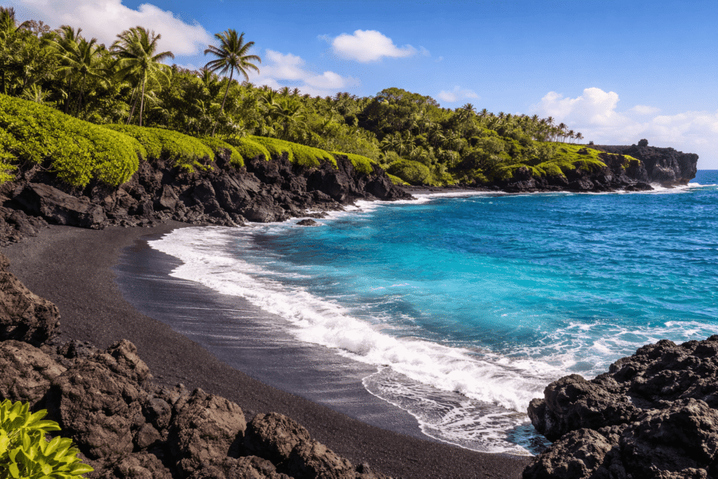 Plage de sable noir Pa'iloa à Wai'ānapanapa State Park avec eau turquoise et rochers de lave noire à Maui