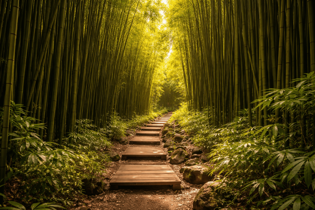 Chemin en terre battue traversant une dense forêt de bambous géants sur le Pipiwai Trail à Maui, lumière verte filtrant entre les tiges