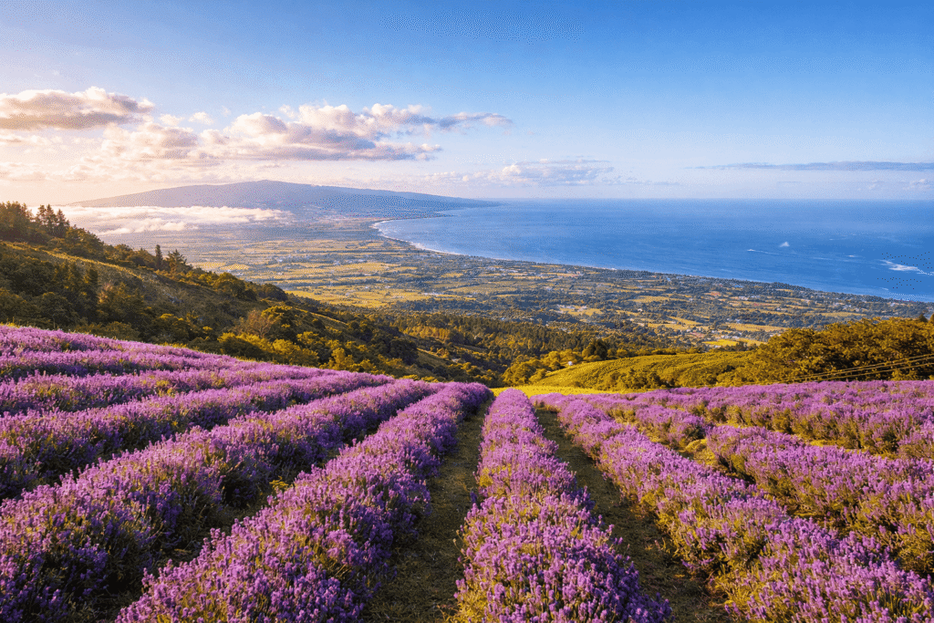 Rangées de lavande en fleurs à la Ali'i Kula Lavender Farm avec vue panoramique sur l'isthme de Maui et l'océan en arrière-plan