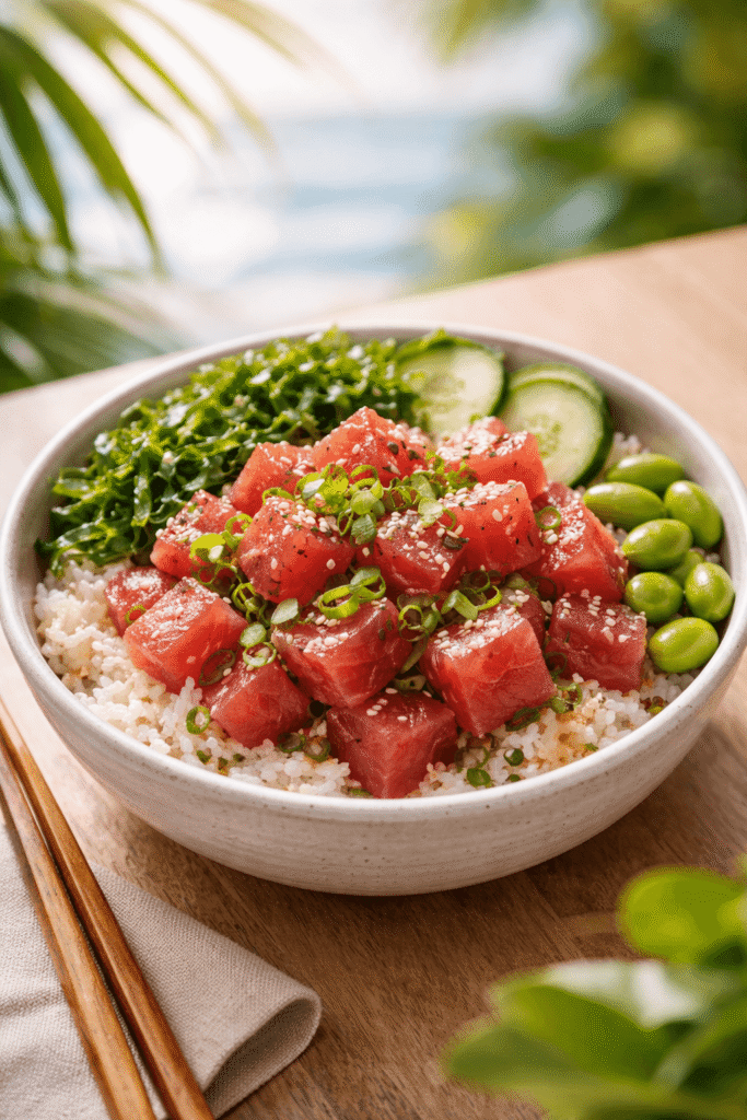 Poke bowl hawaïen (thon, riz, algues, sésame) servi à Waikīkī.