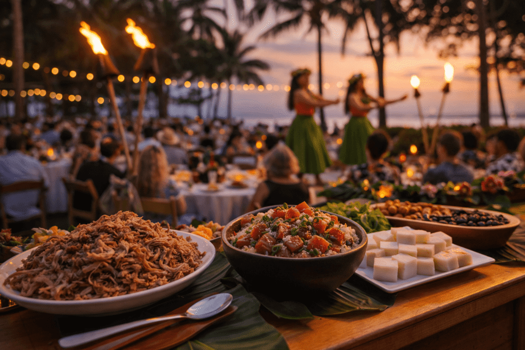 Soirée luau à Waikīkī avec buffet traditionnel et danse hawaïenne.