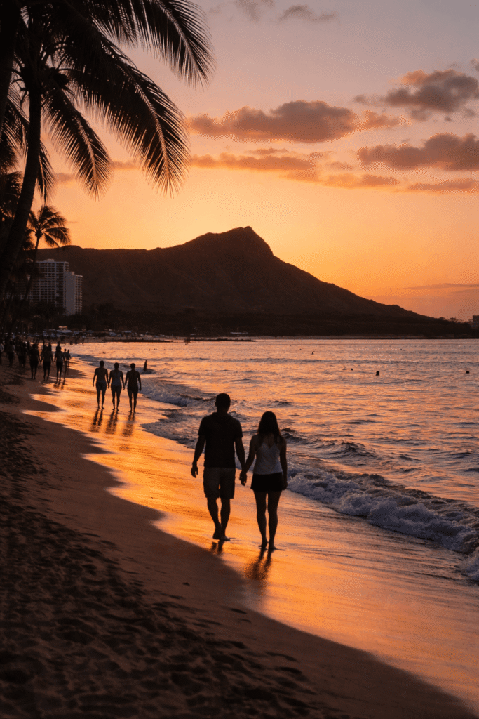 Coucher de soleil sur la plage de Waikīkī avec silhouettes au bord de l’eau.