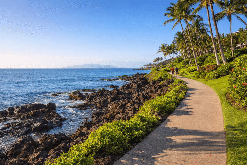 Le sentier côtier pavé du Wailea Beach Path longeant l'océan Pacifique avec des roches volcaniques et une végétation tropicale