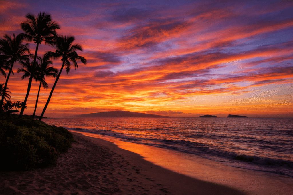 Coucher de soleil aux teintes orange et roses sur l'océan depuis Wailea Beach avec les silhouettes de Molokini et Kahoolawe à l'horizon
