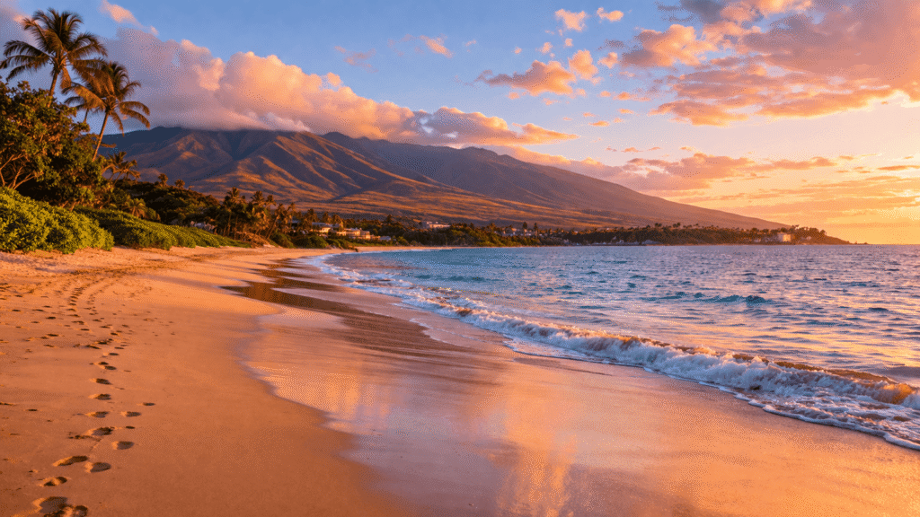 La plage de Keawakapu Beach au lever du soleil avec le sable mouillé reflétant les teintes roses et dorées et les montagnes de West Maui en arrière-plan