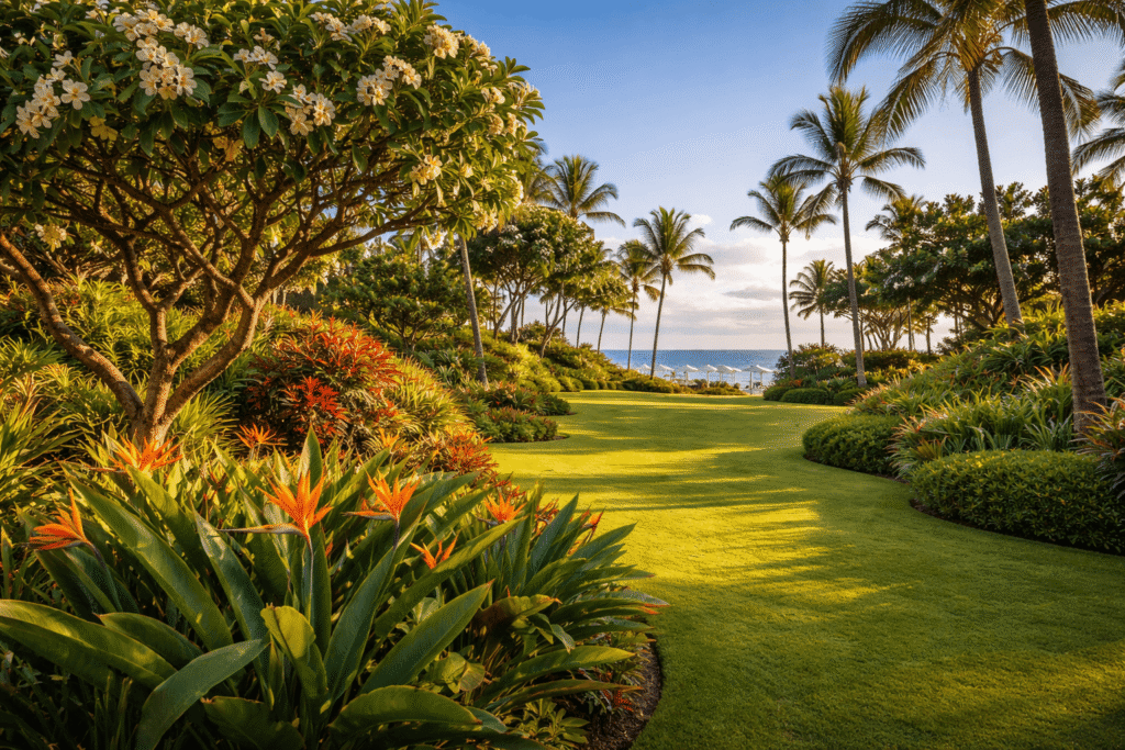 Jardins tropicaux luxuriants d'un resort de Wailea avec des plumerias, des oiseaux de paradis et des palmiers menant vers l'océan