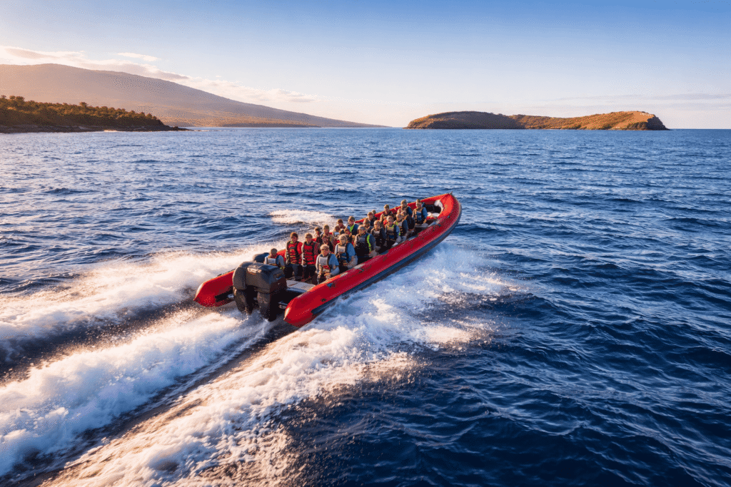 Petit zodiac rouge rempli de passagers naviguant sur l'océan bleu en direction du cratère de Molokini visible à l'horizon